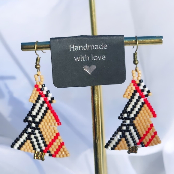 Handmade Tartan plaid seed bead tree earrings - Picture 2 of 5